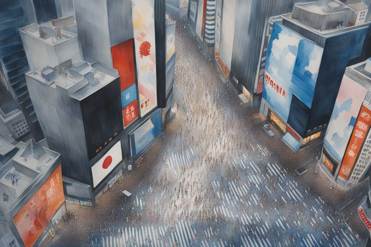 Watercolor painting of Shibuya Crossing from elevated view showing the famous scramble