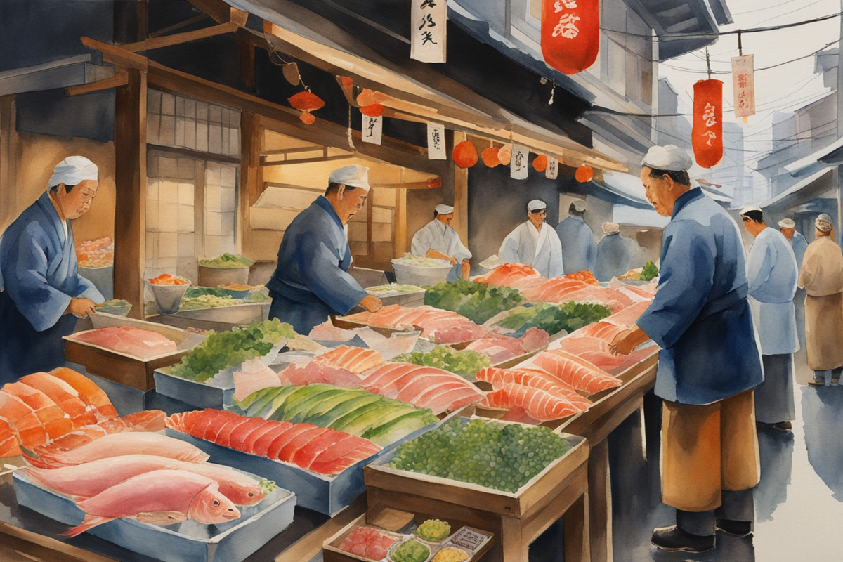 Watercolor painting of Tsukiji Market with fresh sushi displays and traditional market atmosphere