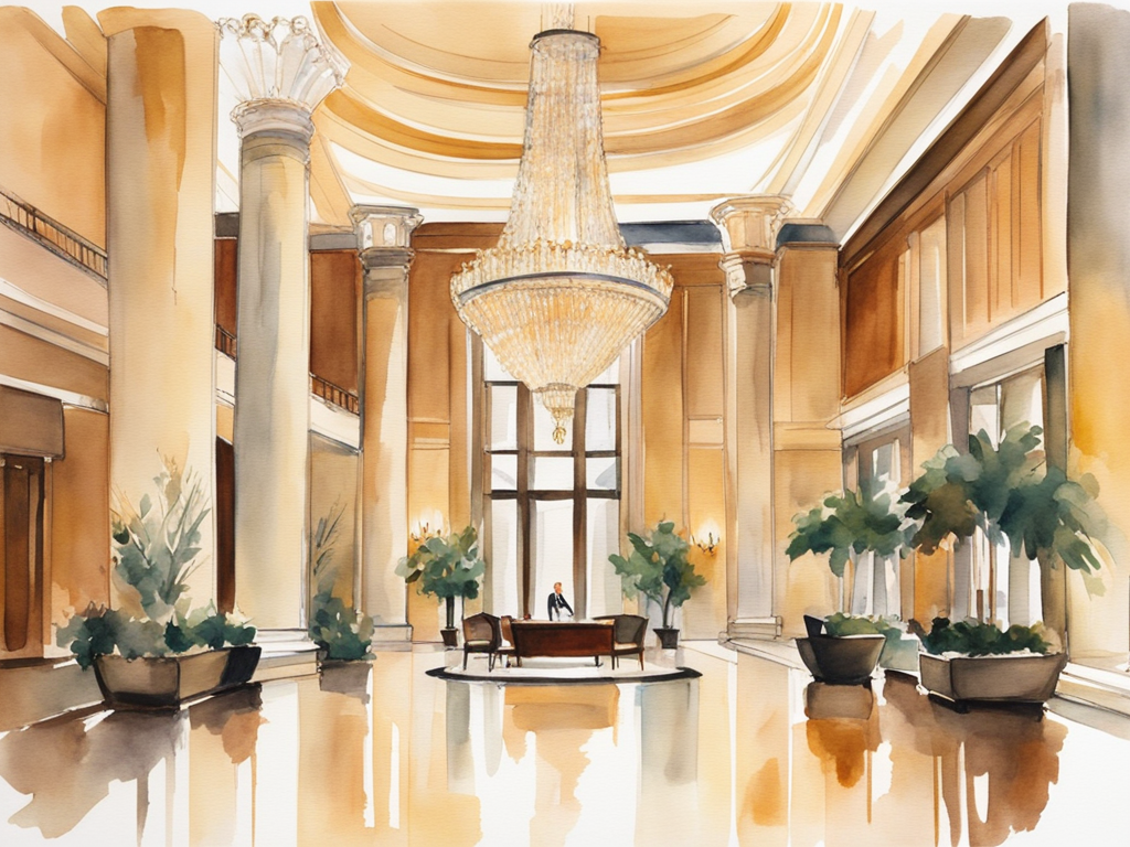 Watercolor painting of elegant Chicago luxury hotel with river views and sophisticated lobby design