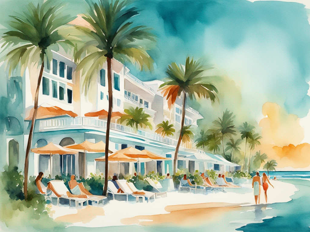 Elegant Miami luxury hotel lobby with marble and art deco details
