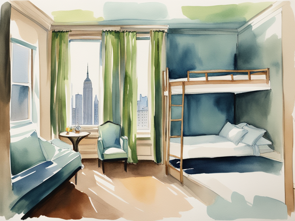 Watercolor illustration showing NYC accommodation price ranges from budget hostels to luxury hotels