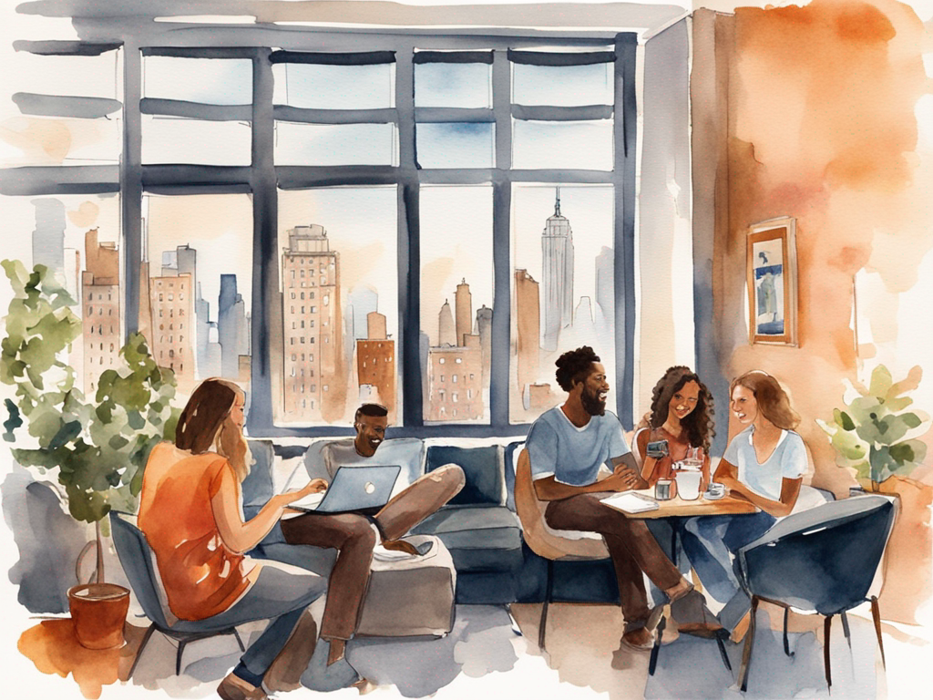 Watercolor scene of young travelers in a modern NYC hostel common area with city views
