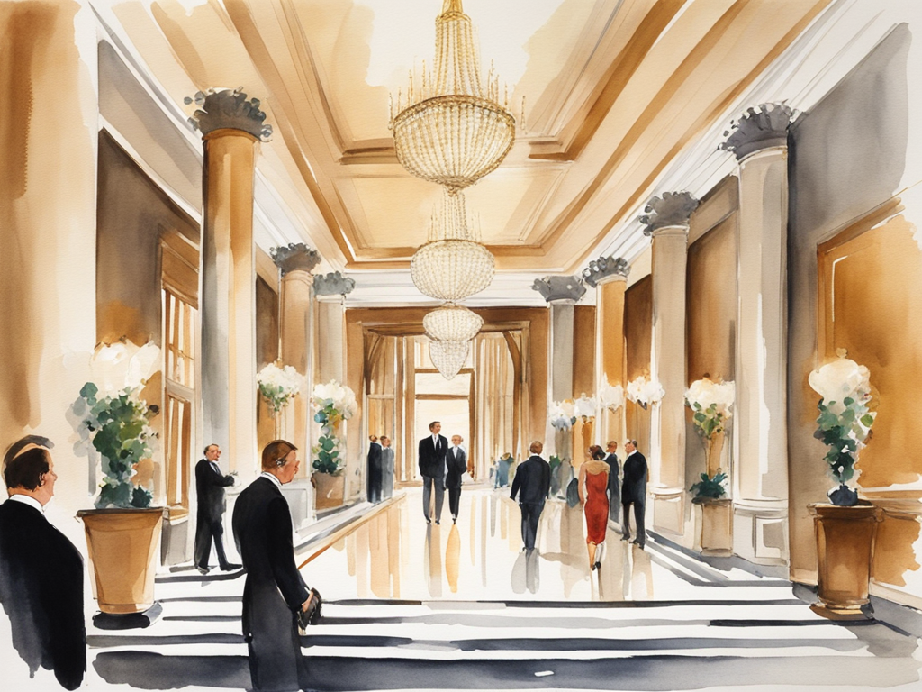 Watercolor painting of elegant NYC luxury hotel lobby with marble columns and sophisticated travelers
