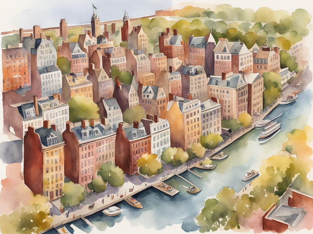 Watercolor map illustration of NYC neighborhoods showing different character areas from trendy SoHo to family-friendly Upper West Side