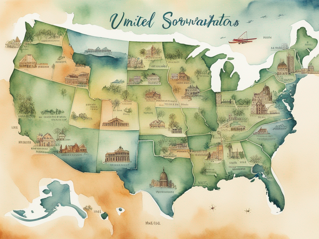 Map showing diverse American regions and landmarks