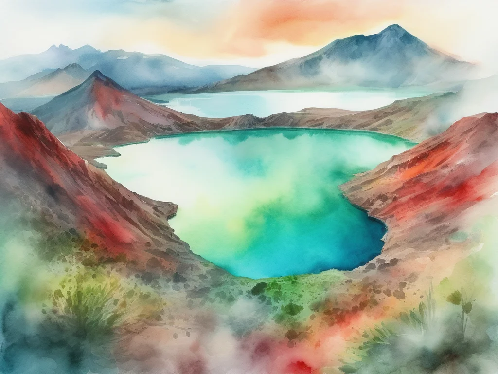 Kelimutu Lakes Flores Indonesia watercolor painting
